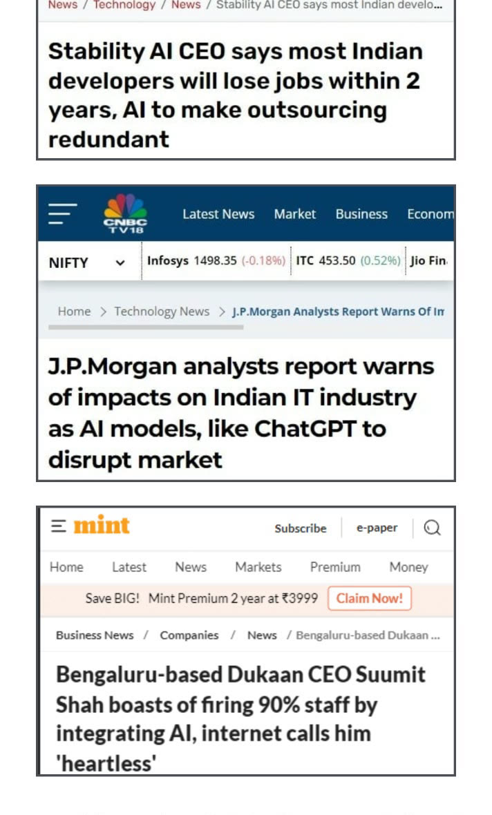 Headlines on Indian developers, JP Morgan IT warning, and a Bengaluru CEO cutting staff with AI